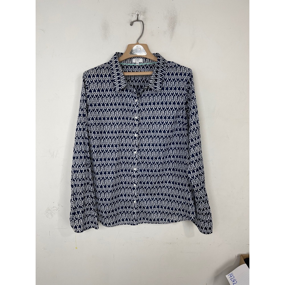 Crown & Ivy‎ Womens XXL Navy White Geometric Loop Print Cotton Button Down Shirt